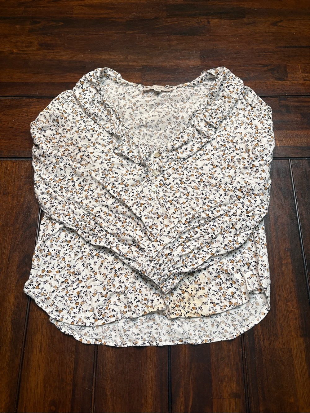LOFT white floral blouse with ruffles, Small Petite